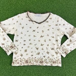 Vintage 90s Y2K Bonkers Ivory Ribbed Brown Floral Print Long Sleeve Baby T Sz M